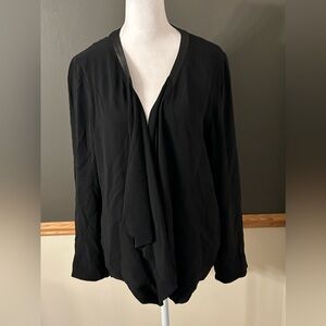 Eileen Fisher Black Drape Silk Georgette Crepe Jacket with Leather Trim Medium